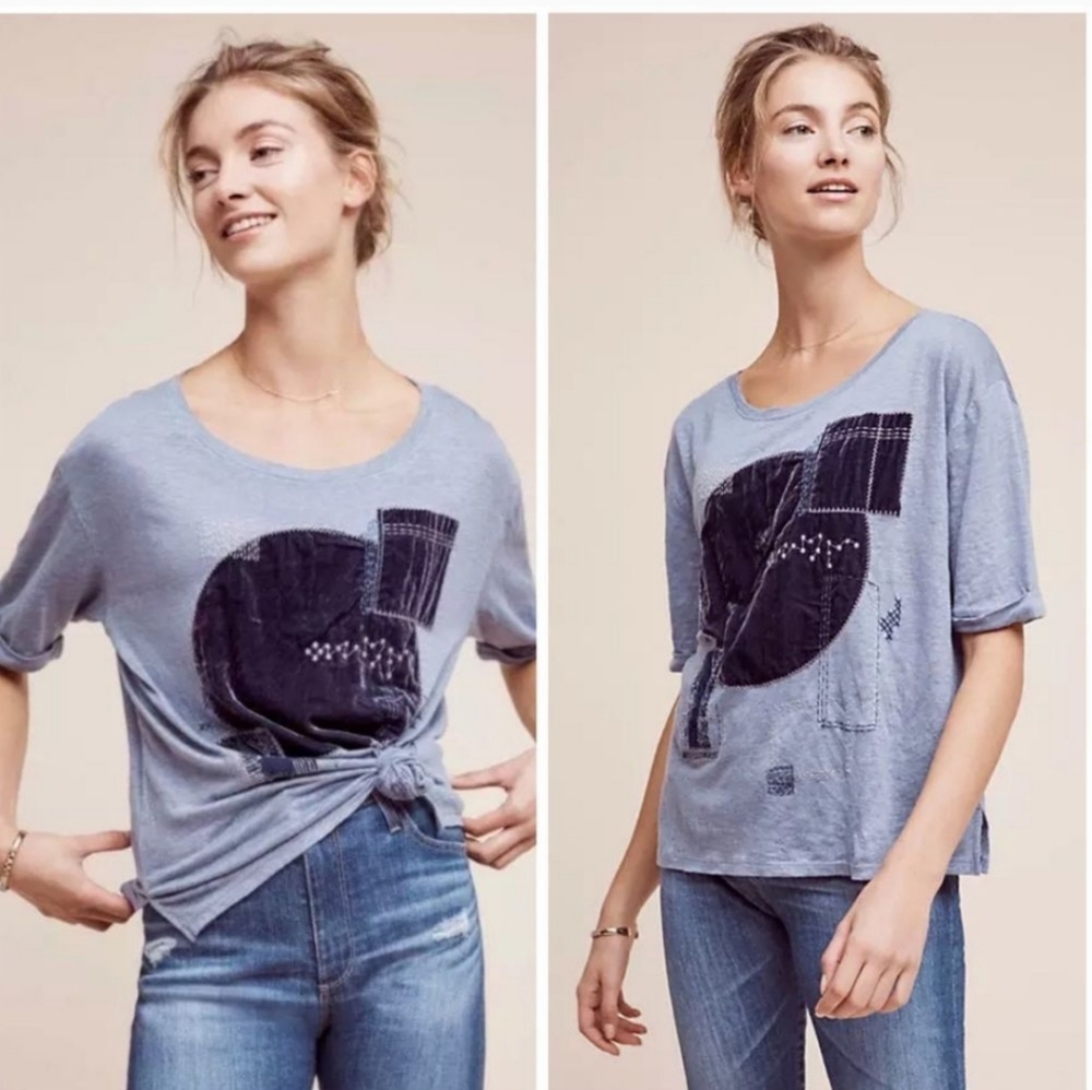 nwot AKEMI & KIN patchwork linen+velvet embroidered tee S oversize cuffed shirt